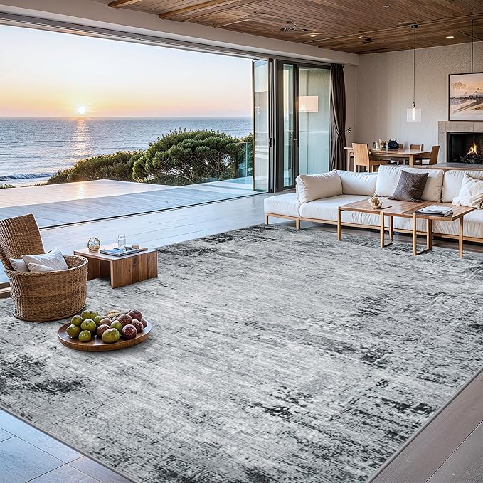 8x10 Area Rugs for Living Room - Washable Rug Modern Abstract Soft Large Neutral Non-Slip Carpet Indoor Floor Thin Carpets for Bedroom Dining Room Farmhouse Nursery Home Office Black