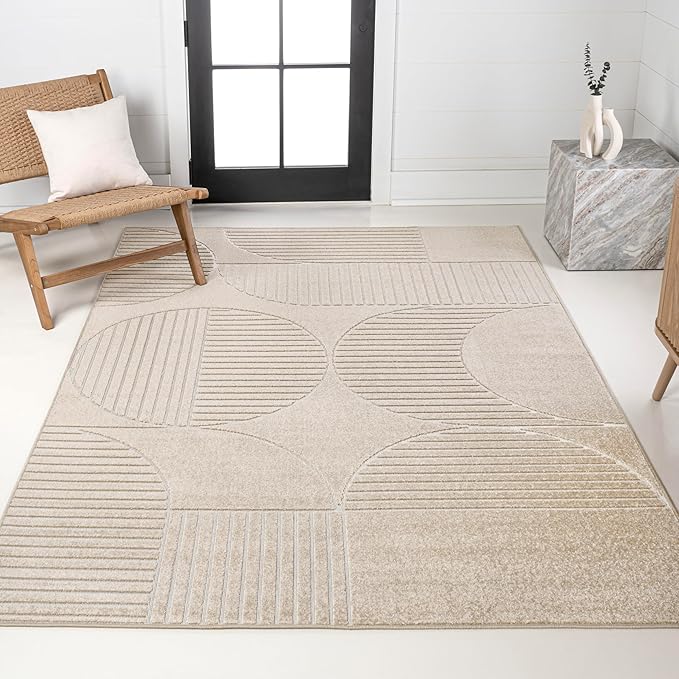 JONATHAN Y Nordby High-Low Arch Striped Indoor/Outdoor Area Rug, 5x8, Beige/Cream, for Patio, Backyard, Living Room, Bedroom, Office, Hose-Washable (SCN104E-5)