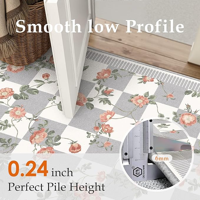 HUGEAR 3x5 Checkered Area Rugs Machine Washable Grey Living Room Rug Floral Print Non-Slip Stain Resistant Low Pile Indoor Throw Carpet for Bedroom Home Unique Aesthetic Modern Decor