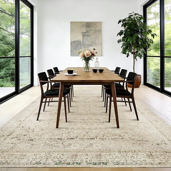 Boho Cream Area Rugs 6x9 for Bedroom Washable Floral Neutral Modern Rug for Living Room,Light Beige and Tan Brown