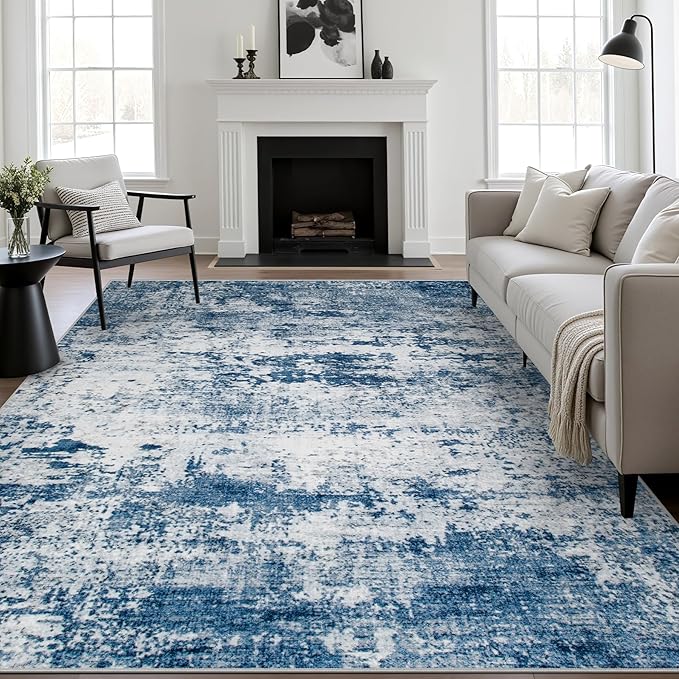 8x10 Area Rug Living Room Rug: Washable Modern Abstract Soft Thin Rug Indoor Floor No Slip Stain Resistant Carpet for Bedroom Dining Room Farmhouse Nursery Home Office - Blue
