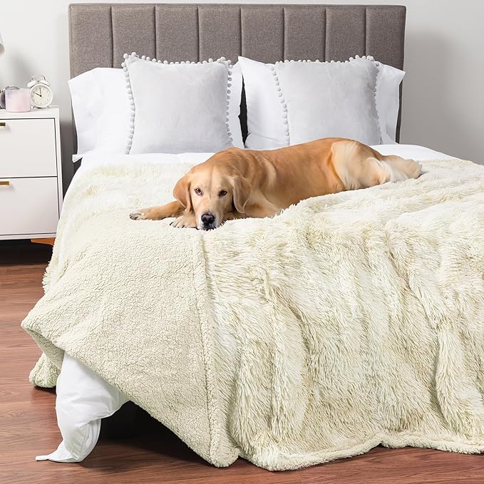 PetAmi Waterproof Dog Blanket for Large Dog, Queen Size Calming Pet Blanket Couch Cover Protector, Sherpa Faux Fur Cat Throw for Sofa Furniture Bed, Soft Fluffy XL, 90x90 Cream Beige