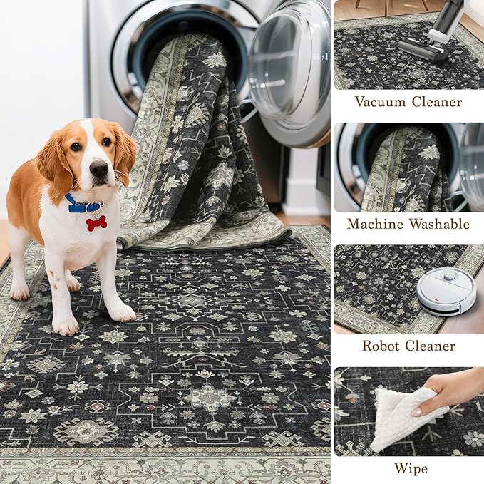 LBRO2M Black Washable Rugs 10X14 Area Rug for Living Room for Bedroom Dining Room Non Slip Farmhouse Rugs Easy Clean, Stain Resistant Carpet Great for Pets and Kids (10'X14' Charcoal Black)