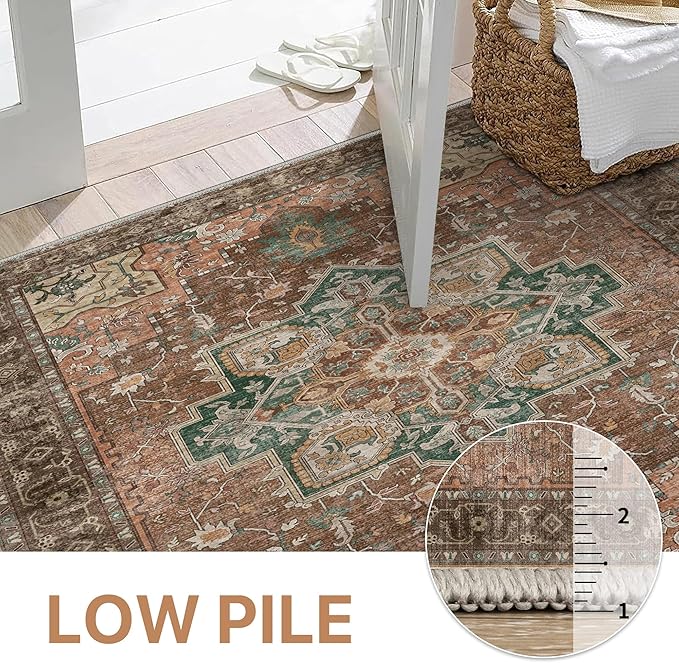 GENIMO 5x7 Area Rugs for Living Room, Machine Washable Non Slip Vintage Rugs, Low Pile Lightweight Chenille Print Rug for Bedroom, Dining Room, Home Office, Rosewood