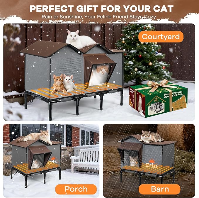 Outdoor Heated Cat House for Outside: Winter Insulated Weatherproof 30"×14"×20" Shelter with Extra Large Elevated Warm Heater and Waterproof Heating Bed for Multiple Feral Kitties Small Pets for Barn
