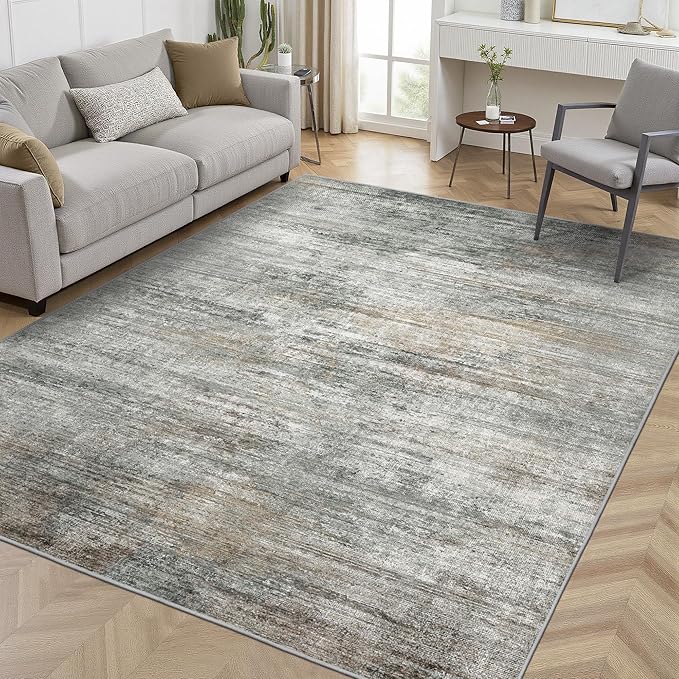 Area Rugs 3x5 for Living Room Bedroom, Indoor Modern Abstract Machine Washable Rug, Small Soft Low Pile Floor Carpet with Non Slip Backing for Entryway, Ash Gray Brown