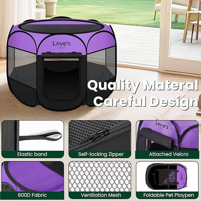 Love's cabin Pet Puppy Dog Playpen, Medium Dog Tent Crates Cage Indoor/Outdoor, Portable Playpen for Cat, Foldable Pop Up Dog Kennel Playpen with Carring Case, Removable Zipper Top, Purple