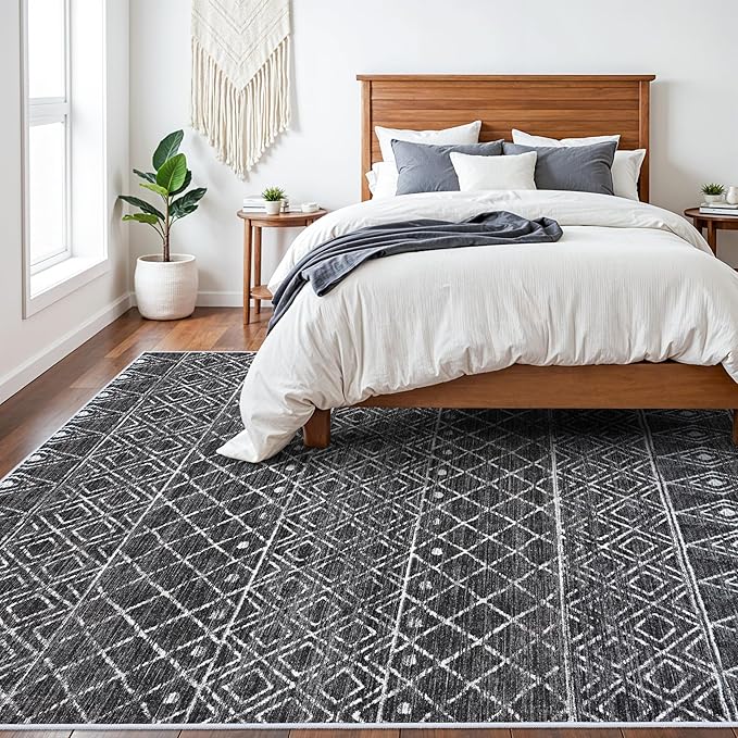 8x10 Rug for Living Room - Washable Area Rugs Modern Moroccan Area Rug Large Low Pile Carpets for Bedroom Soft Indoor Home Thin Area Rug for Dining Room Office 8x10 Black