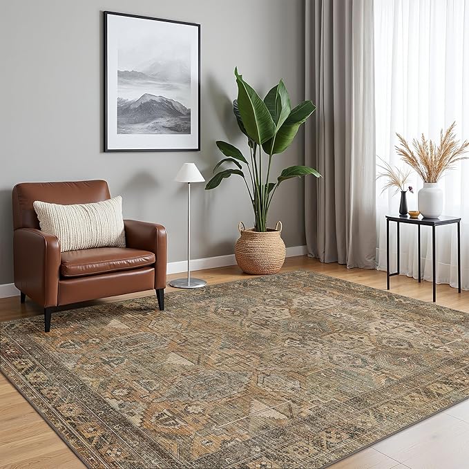 Bavni Washable Rug 6x6 Area Rug for Living Room Bedroom Dining, Washable Vintage Print Carpet, Ultra-Thin Chenille Low Pile Lightweight Rug with Non Slip Backing, Warm Taupe