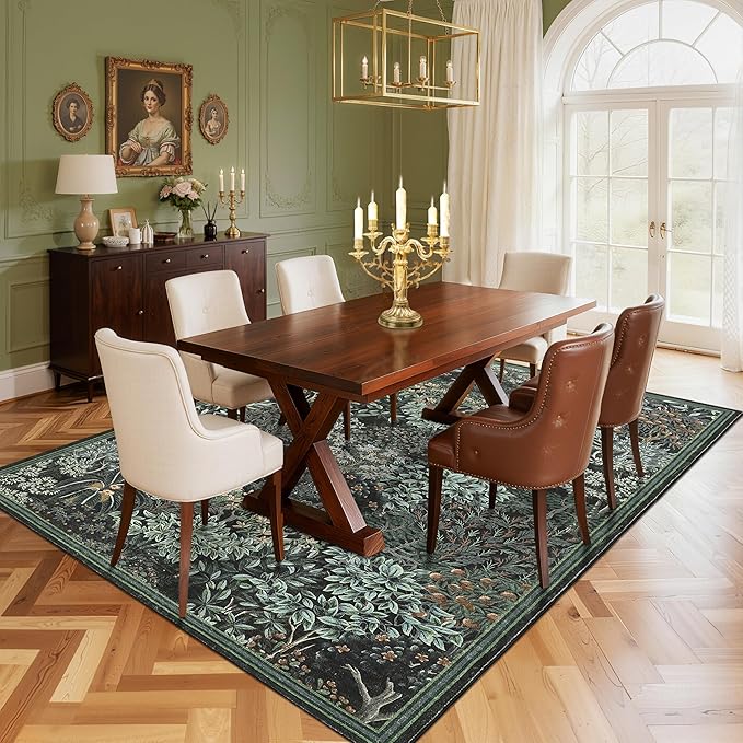 GarveeHome Forest Rugs 8x10, Black Green Washable 8x10 Area Rug for Living Room, Botanical Low Pile Non Slip Stain Resistance Large Carpet for Office Dining Room, Farmhouse