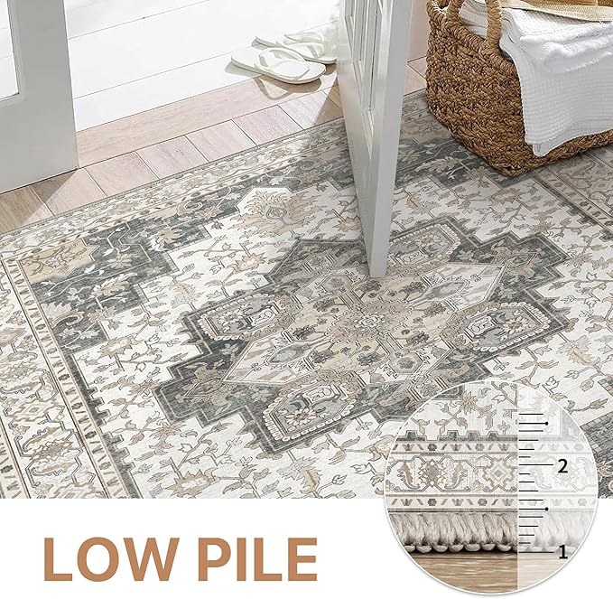 GENIMO 2x10 Runner Rugs for Hallway, Machine Washable Non Slip Vintage Rugs, Low Pile Lightweight Soft Print Rug for enrtyway, Corridor, Home Office, Kitchen, Heathered Grey