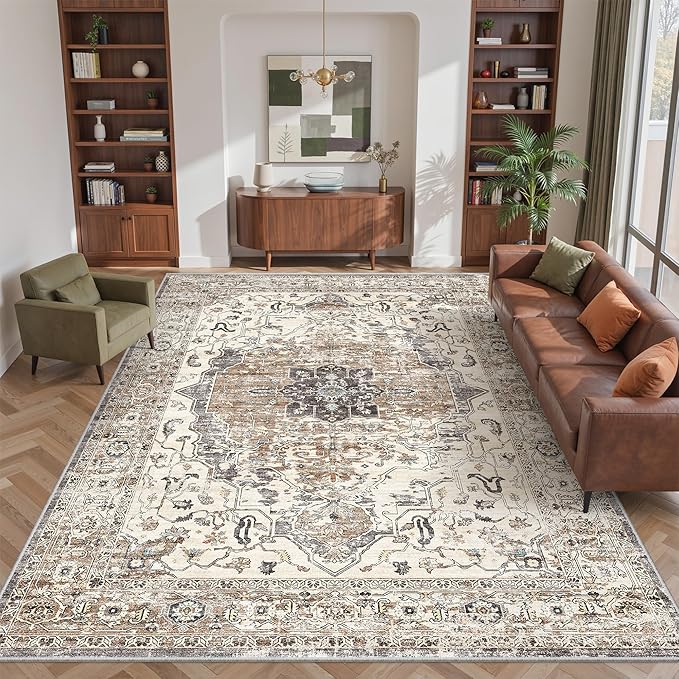 9x12 Area Rugs for Living Room,Ultra-Thin Washable Rug, Non-Slip Lightweight Foldable Area Rug, Stain Resistant Vintage Large Rugs(Brown/Grey,9'x12')