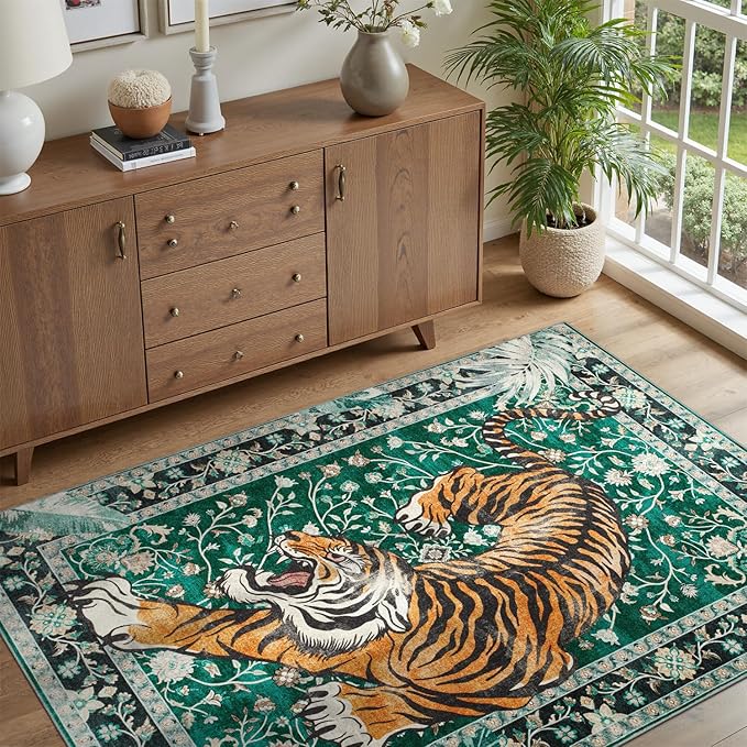DCX Washable 3x5 Tiger Rug, Green Vintage Animal Rug for Entryway, Soft Low Pile Carpet, Kid & Pet Friendly with Rubber Back Non Slip, Stain Resistant Rug for Bedroom, Laundry, Bathroom