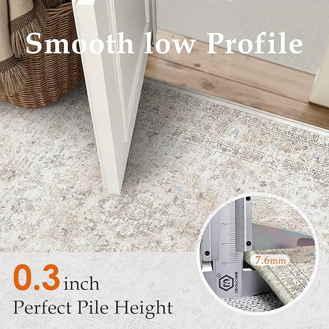 6x9 Washable Vintage Area Rug for Living Room Bedroom Beige Grey Soft Tranditional Non Slip Large Throw Rug Lightweight Floral Low Pile Distressed Carpet Office Playroom Dinning Laundry Room