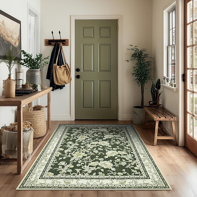 Olive Green Floral Print Area Rugs for Bedroom Living Room Boho Farmhouse Country Rustic Dining Room Carpet Soft Washable Rugs Non Slip Floor Covering for Nursery Playroom 3x5