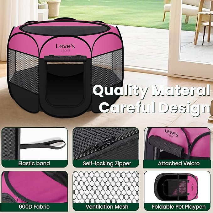 Love's cabin Pet Puppy Dog Playpen, Medium Dog Tent Crates Cage Indoor/Outdoor, Portable Playpen for Cat, Foldable Pop Up Dog Kennel Playpen with Carring Case, Removable Zipper Top, Pink