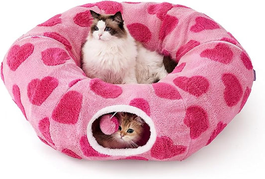 Lesure Cat Tunnel Bed for Indoor Cats - Cute Cat Donut Tunnel Toys with Washable Circle Cushion, Valentine's Day Gifts for Cats, Round Pet Peekaboo Cave Toy for Kitten, Standard Lover Hearts