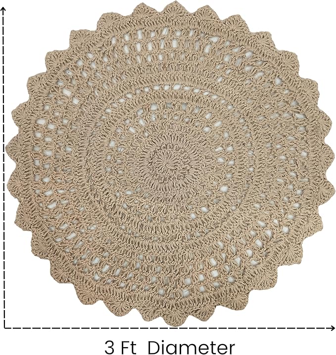 Hausattire Hand Woven Jute Crochet Rug, 3??Round ??Natural, Anti-Slip Accent Boho Entry Area Rugs for Kitchen, Living Room I Farmhouse Decorative Floor Rug, 3 Feet Round