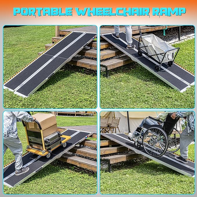 Portable Wheelchair Ramp 8FT, Anti-Slip Aluminum Folding Portable Ramp, Wheelchair Ramps for Home, Weight Capacity Up to 800 LBS, with Transition Plates Above and Below, Loading Dock Plates