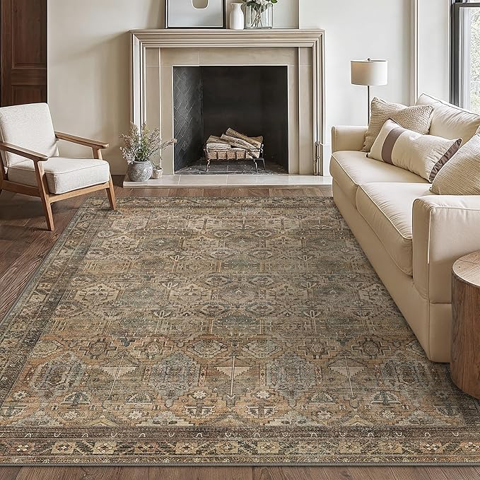 Bavni Washable Rug 8x10 Area Rug for Living Room Bedroom Dining, Washable Vintage Print Carpet, Ultra-Thin Chenille Low Pile Lightweight Rug with Non Slip Backing, Warm Taupe