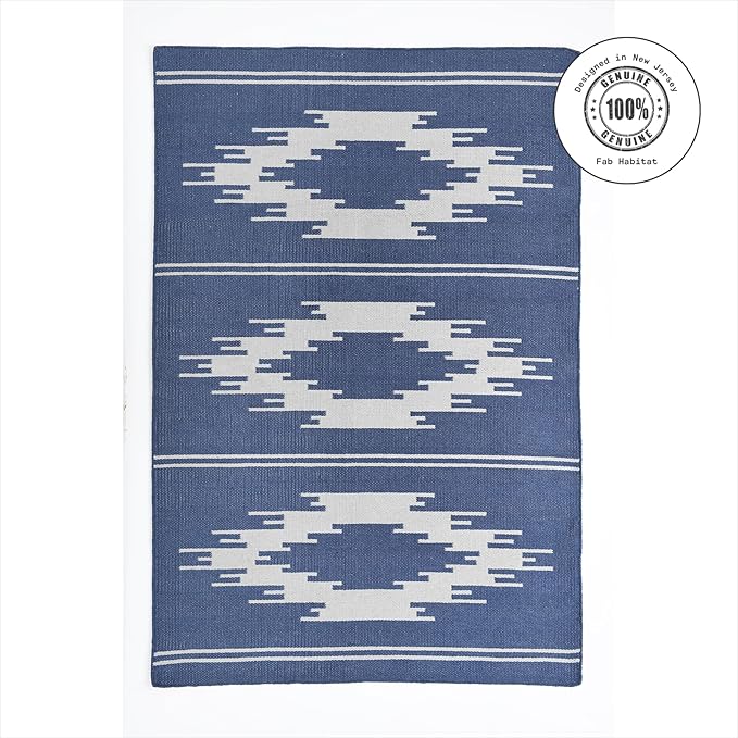 Fab Habitat Machine Washable Area Rug - Hand Woven, Stain Resistant, Pet Friendly, Reversible - Premium Recycled Polyester Yarn - Ikat - Bedroom, Living/Dining Room - Madison - Navy & Gray - 5 x 8 ft