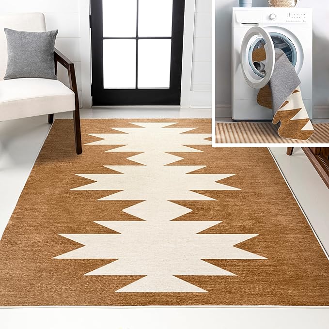 JONATHAN Y Machine Washable Indoor Area Rug 5X8 Terracotta/Cream, Chayton Minimalist Geometric for Living Room, Bedroom, Kitchen, Office, Easy-Cleaning, Pet-Friendly, Non-Shedding WSH110A-5