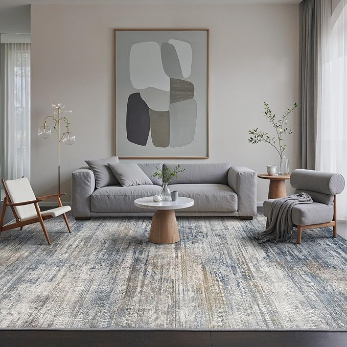 Area Rugs 6x9 for Living Room Bedroom, Modern Abstract Machine Washable Rug, Large Soft Low Pile Floor Carpet with Non Slip Backing for Dining Room, Denim Blue/Taupe