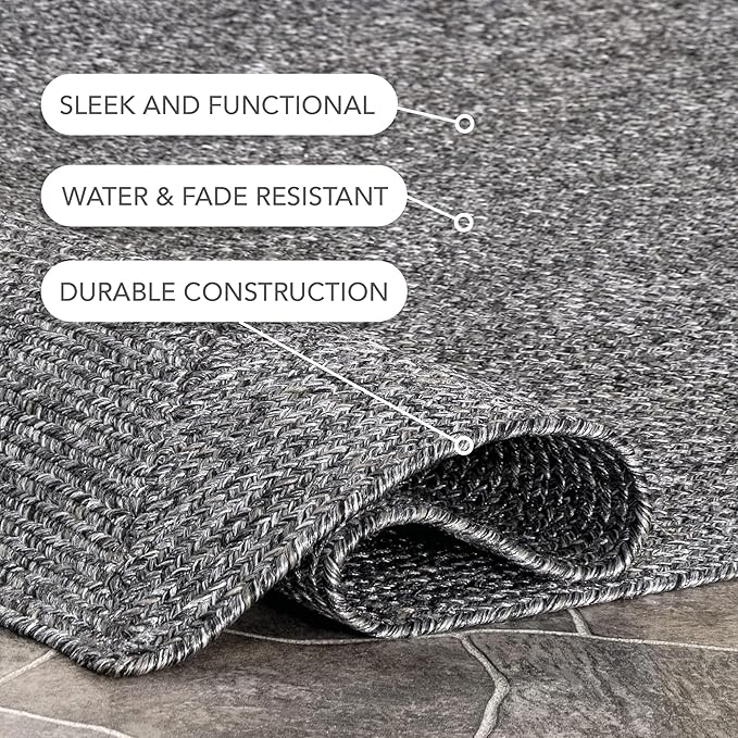 nuLOOM 2' x 10' Solid Hand Braided Indoor/Outdoor Area Rug, Pet-Friendly, High Traffic, Weather Resistant, for Patio, Balcony, Bedroom, Living, Dining Room, Wynn Charcoal