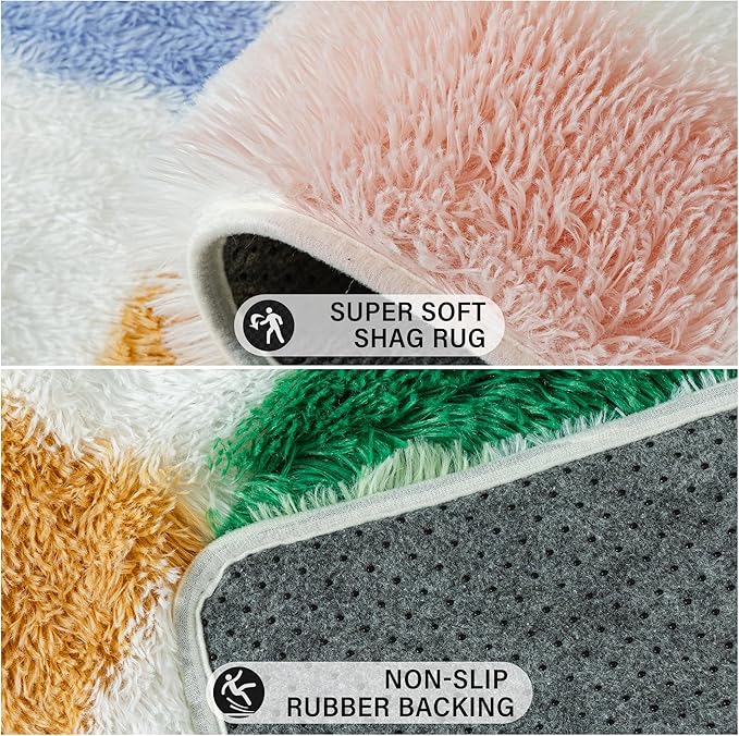 Checkered Rug 5x5 for Living Room, Modern Neutral Shag Rug Washable Non-Slip Large Area Rug Super Soft Indoor Fuzzy Carpet Fluffy Rugs for Bedroom Home Aesthetic Decor