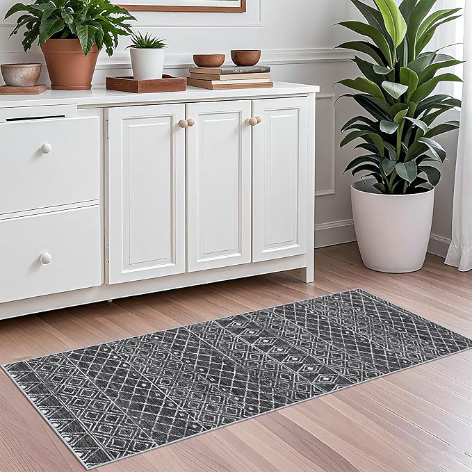 2x5 Rug Runner Moroccan - Washable Hallway Runner Rug Non Slip Pets Friendly Runner Low Pile Soft Indoor Floor Mat Front Door for Kitchen Bedroom Entryway Laundry 2x5 Black