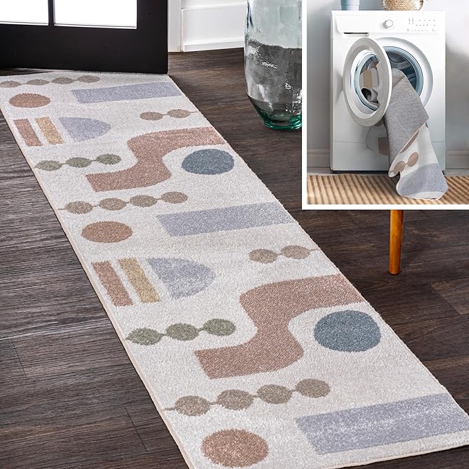 JONATHAN Y Machine Washable Cream/Multi Runner Rug 2X8 ft, Riley Abstract Coastal Contemporary for Living Room, Bedroom, Kitchen, Office, Easy-Cleaning, Pet-Friendly, Non-Shedding WSH308A-28