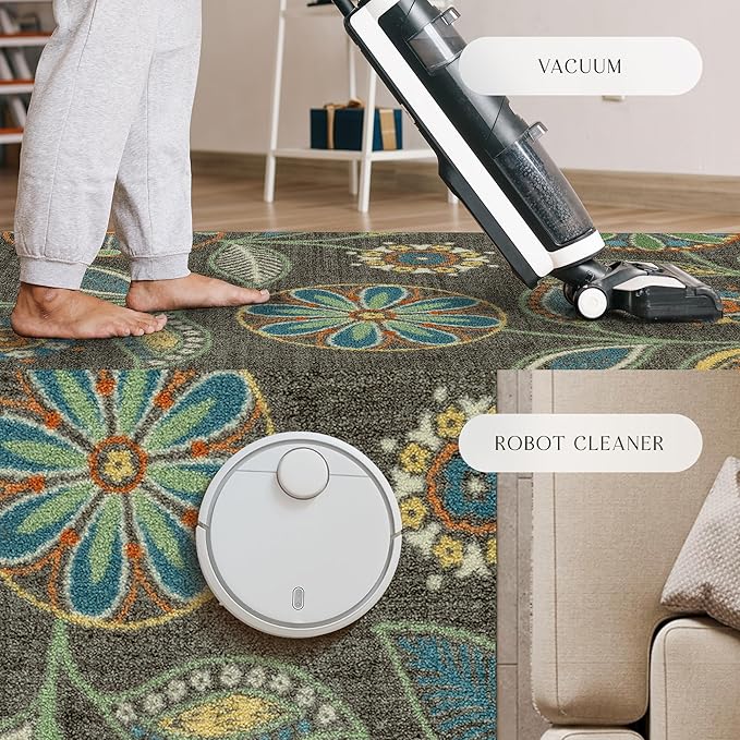 Maples Rugs Reggie Floral Area Rug - Made in USA - Low Pile, Non Slip, Pet-Friendly Mat for Living Room, Bedroom, and Office, 5' x 7', Dark Grey