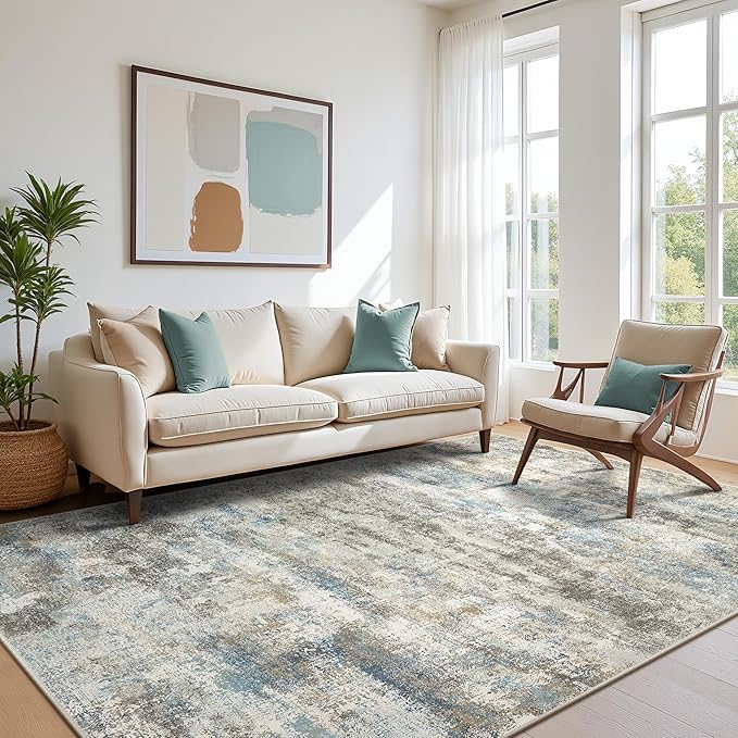 Area Rugs 8x10 for Living Room Bedroom, Modern Abstract Machine Washable Rug, Large Soft Low Pile Floor Carpet with Non Slip Backing for Dining Room, Blue/Taupe