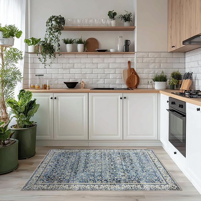 3x5 Front Door Rug Indoor Entrance Blue Bathroom Rugs Non Slip Washable Soft Vintage Boho Distressed Low Pile Carpet with Rubber Backing Dark Blue Rugs for Kitchen Floor Laundry Room 3 x 5