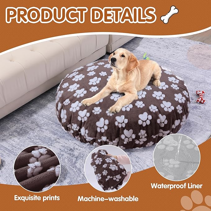 BALAPET Washable Dog Bed Covers Replacement Round Waterproof Bed Cover for Dog Soft Pet Bed Cover with Lovely Dog Paw Print and Double-Sided Usable Design,Cover Only(Brown,45 * 45 * 11in)