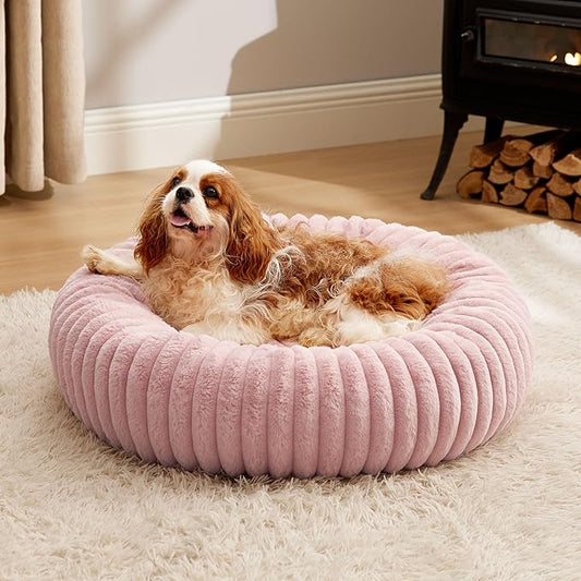 Bedsure ComfyFleece Donut Medium Dog Bed - Washable Faux Fur with Corduroy Fleece & Anti Slip Bottom, Round Pet Bed with Removable Cover, Blush Pink, 30x30x8 inches