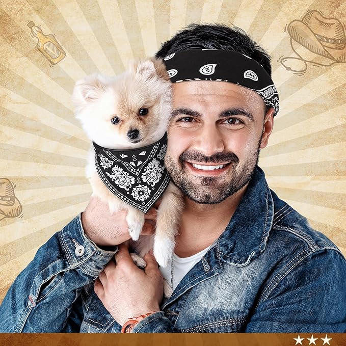 Cat Dog Bandana Collar & Owner Matching Paisley Pattern Bandana Women Headband Square Scarf Headwear Puppy Scarf for Small Dog Adjustable Cat Collar Triangle Neckerchief Handkerchief(Black)