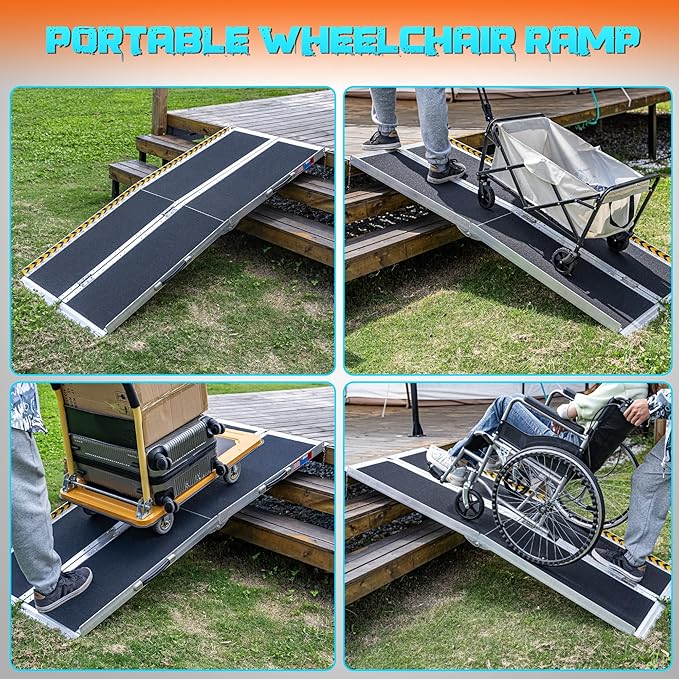 Portable Wheelchair Ramp 6FT, Anti-Slip Aluminum Folding Portable Ramp, Wheelchair Ramps for Home, Weight Capacity Up to 800 LBS, with Transition Plates Above and Below, Loading Dock Plates