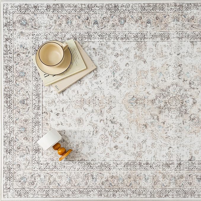6x9 Washable Vintage Area Rug for Living Room Bedroom Beige Grey Soft Tranditional Non Slip Large Throw Rug Lightweight Floral Low Pile Distressed Carpet Office Playroom Dinning Laundry Room