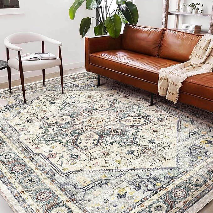 Washable Area Rug 8'x10' Cyan Khaki Retro Boho Design Non-Shedding Non-Slip Easy Care Ideal for High Traffic Areas in Living Room Bedroom Office Coffee Table Kitchen Large Carpet