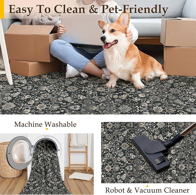 HUGEAR 8x10 Machine Washable Rugs Black Beige Hallway Large Area Rug Indoor Accent Rug Floral Low Pile Carpet Soft Throw Aesthetic Rug Bedroom Living Room Office Dining Room Laundry Room