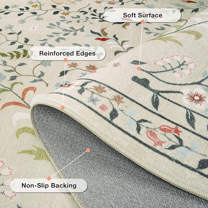 8x10 Area Rugs Washable Rug: Lagre Boho Living Room Rug Soft Non-Slip Thin Carpet Indoor Floor Non-Shedding Neutral Floral Carpets for Bedroom Dining Room Farmhouse Nursery Beige Animal