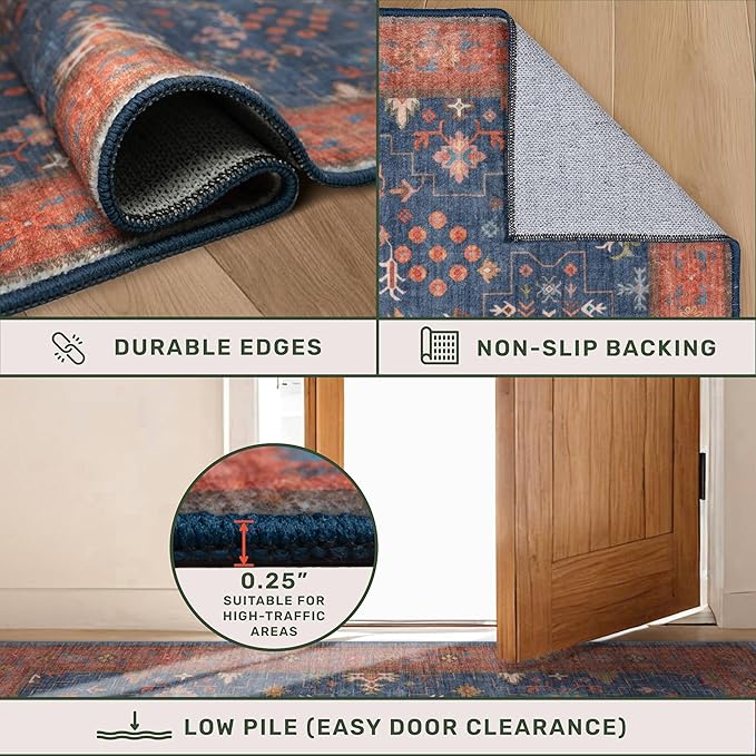 Navy Blue Area Rug 5x7 Living Room Rug - Machine Washable Rugs for Bedroom, Dining Room, Kitchen Floor, Small Office, Low Pile Non-Slip Rubber Backing & Stain Resistance