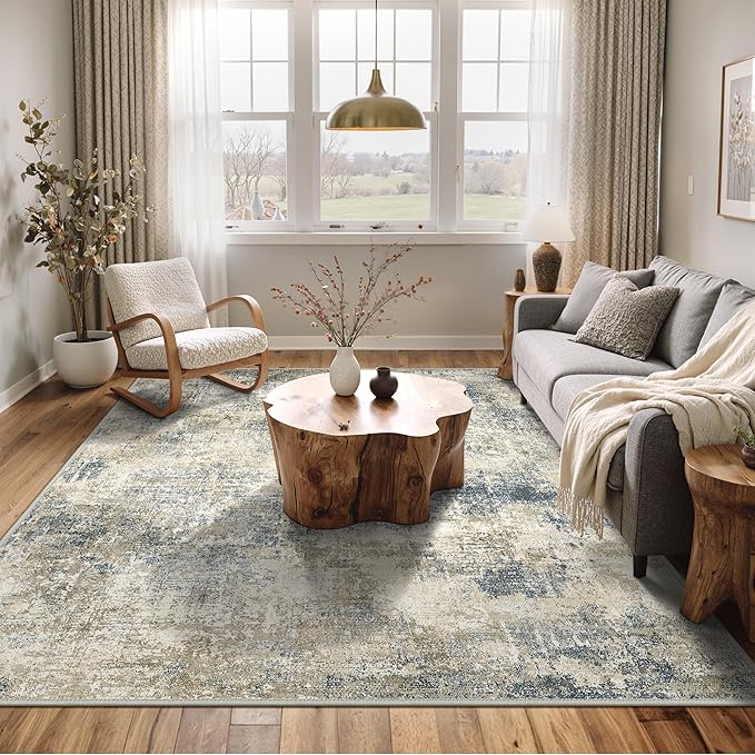Area Rugs 9x12 for Living Room Bedroom, Modern Abstract Machine Washable Rug, Large Soft Low Pile Floor Carpet with Non Slip Backing for Dining Room, Blue Mist
