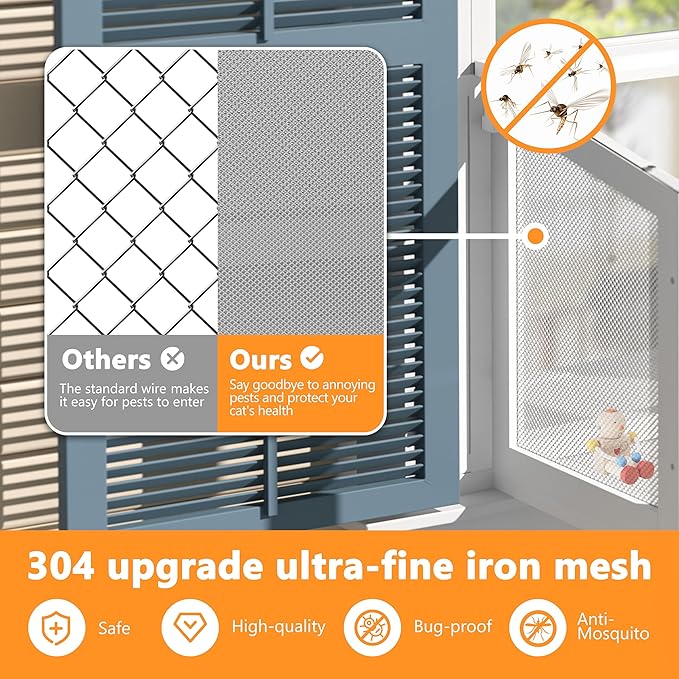 Cat Window Box, Adjustable Window Cat Perch Catio, Wooden Window Catio for Indoor Cats, 304 Iron Mesh, Fits Vertical Window Frames 26" to 42" Wide, Sunbathing, Overlooking, White
