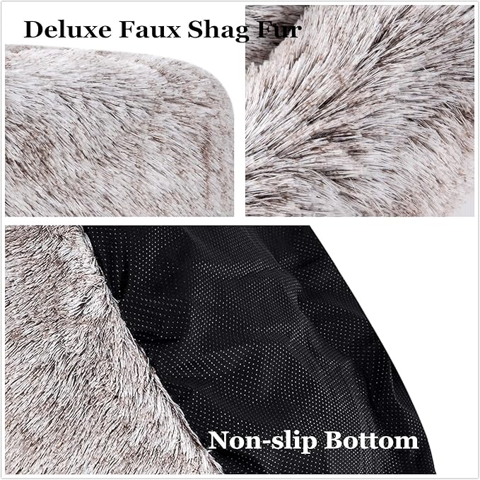 Coohom Oval Calming Donut Cuddler Dog Bed,Shag Faux Fur Cat Bed Washable Round Pillow Pet Bed(30"/36"/43") for Small Medium Dogs (L(30"x24"x8"),Light Brown)