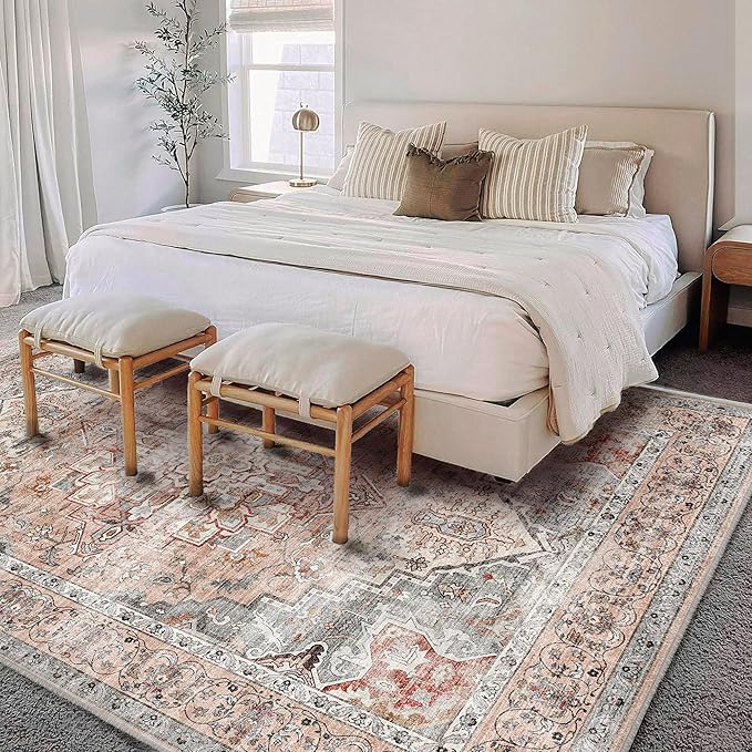 Washable Area Rug 9'x12' Light Cyan and Light red Retro Flowers Boho Design Non-Shedding Easy Care Ideal for High Traffic Areas in Living Room Bedroom Office Kitchen Large Carpet