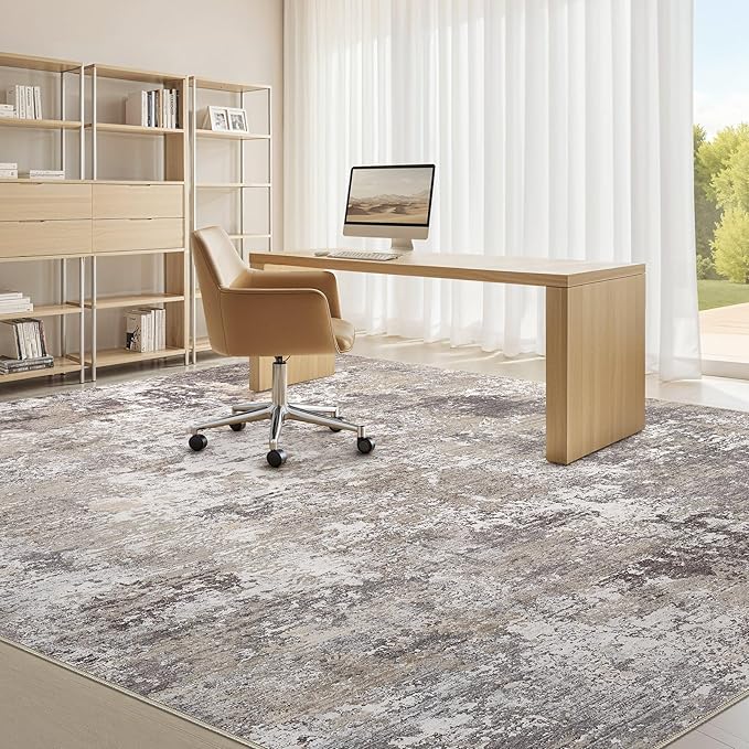 8x10 Area Rugs for Living Room：Washable Rug Abstract Modern Neutral Large Soft Stain Resistant Non-Slip Backing Machine Table for Bedroom Dining Room Indoor Home Office Carpet - Light Brown