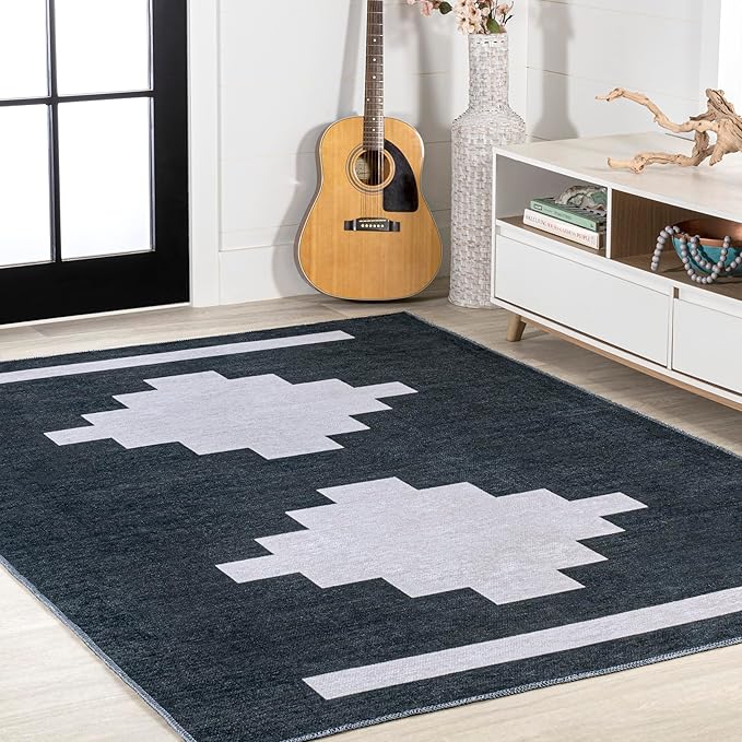 JONATHAN Y Machine Washable Indoor Area Rug 5X8 Navy/Light Gray, Adriel Geometric Medallion for Living Room, Bedroom, Kitchen, Office, Easy-Cleaning, Pet-Friendly, Non-Shedding WSH111B-5