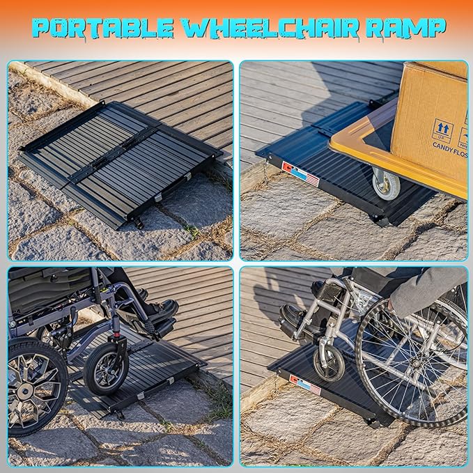 Black Portable Wheelchair Ramp, 2FT No-sew Non-Slip Aluminum Wheelchair Ramp, Folding Portable Wheelchair Ramps for Home, Weight Capacity Up to 800 LBS, Loading Dock Plates